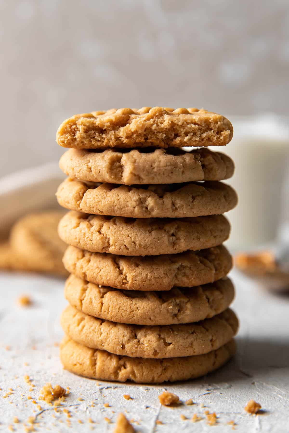 peanut butter cookies stacked on top of each other.
