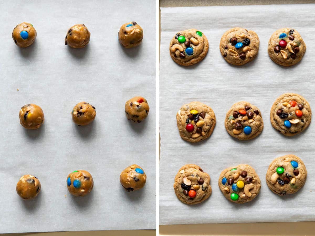 trail mix cookies before and after baking on a cookie sheet.