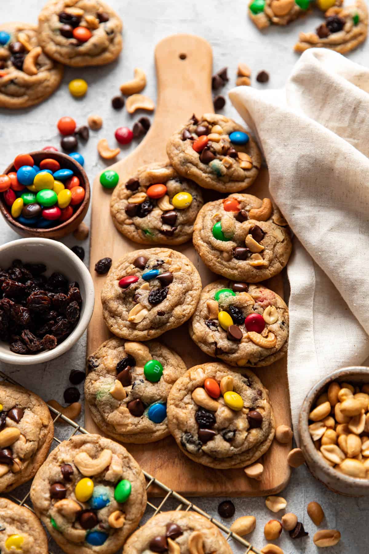 trail mix cookies on a serving board.