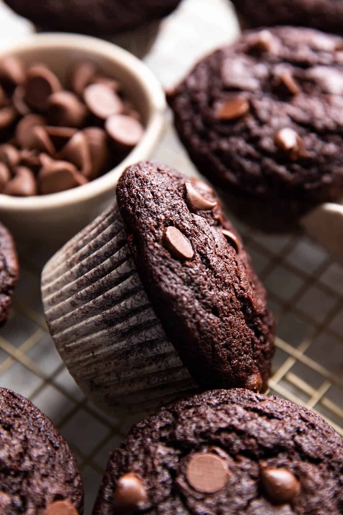 chocolate muffins on a wire cooling rack.