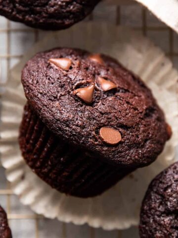 chocolate muffins on a wire cooling rack.