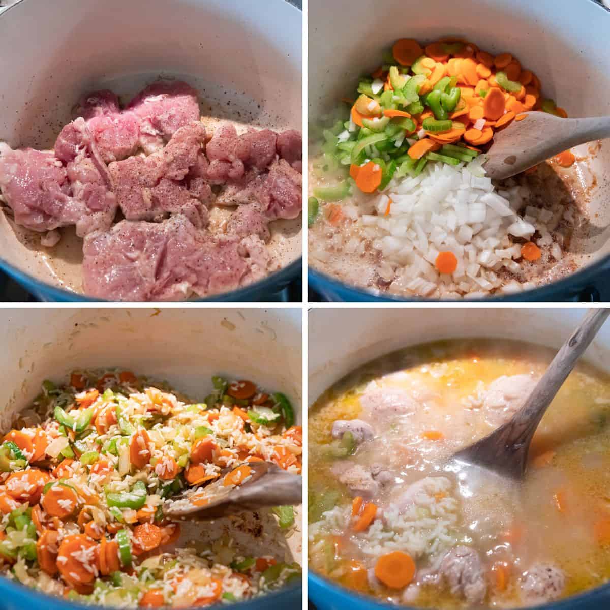 Collage step by step photos for how to make chicken and rice soup.