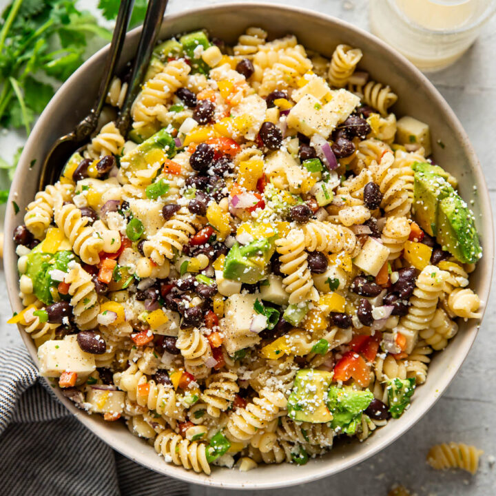 mexican pasta salad in a bowl.