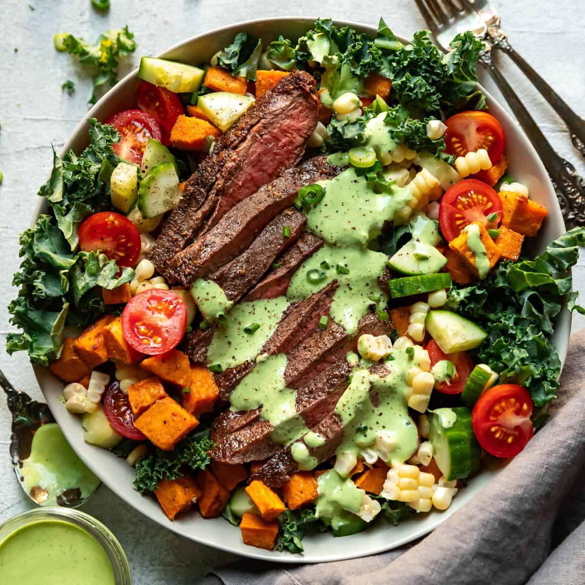 steak salad with green goddess dressing Green Goddess Steak and Kale Salad