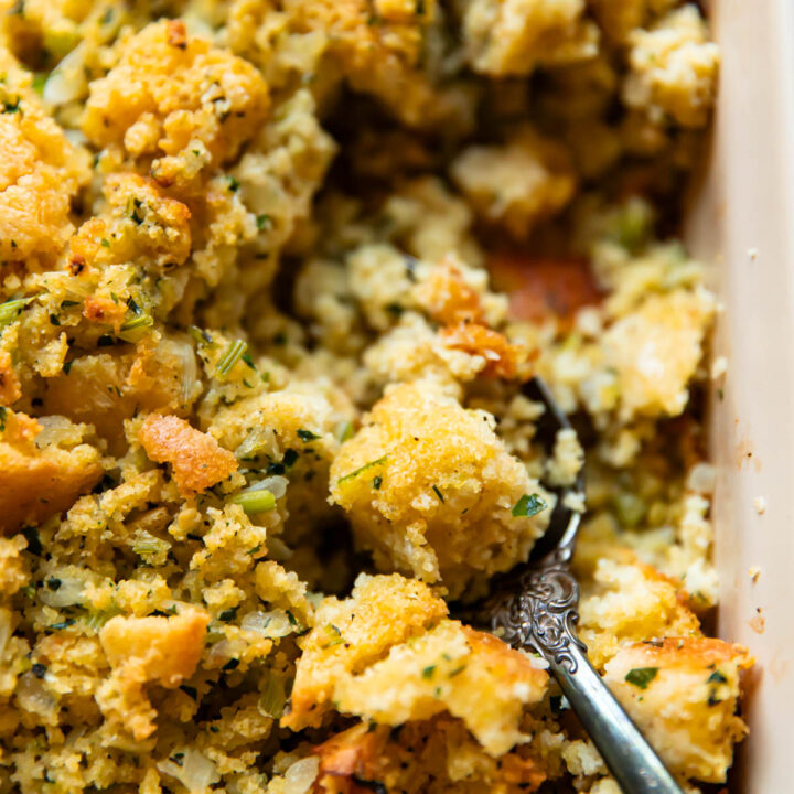 cornbread dressing in a casserole dish.