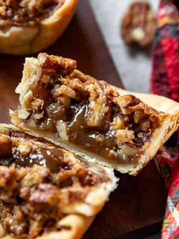 mini pecan pie cut in half